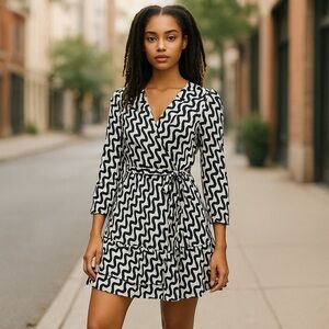 Jessica Simpson cream/black Abstract COTTON V-neck ruffle bottom dress SZ-Large